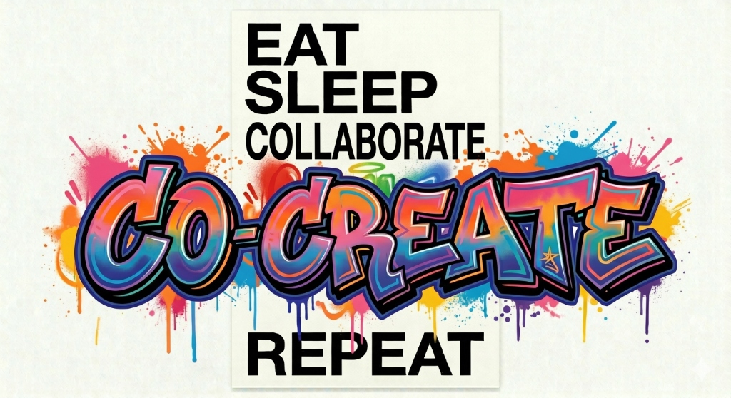 Core Creative Engine - A typographic creative poster saying EAT SLEEP COLLABORATE with vibrant graffiti art spelling CO-CREATE on top of paint splashes and ending with REPEAT